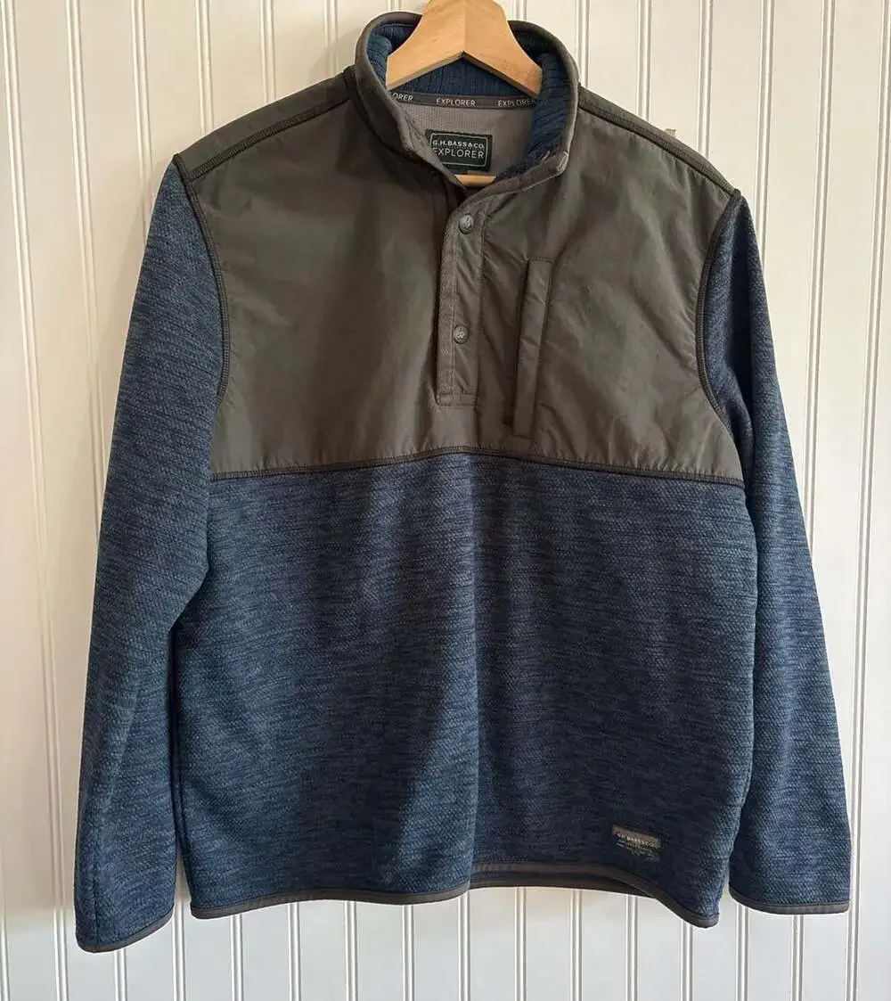 G.H. BASS & Co Men's 1/4 snap Sweater Pullover Jacket Blue Sz Medium Mixed Media